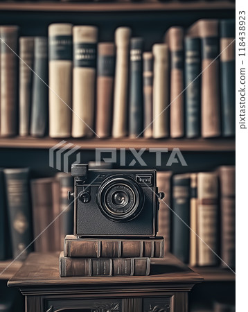 Vintage Camera and Bookshelf 118438923