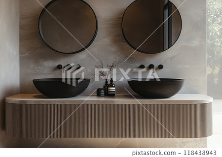 Luxury Bathroom Interior with Modern Double Sinks Luxury Bathroom Interior with Modern Double Sinks 118438943