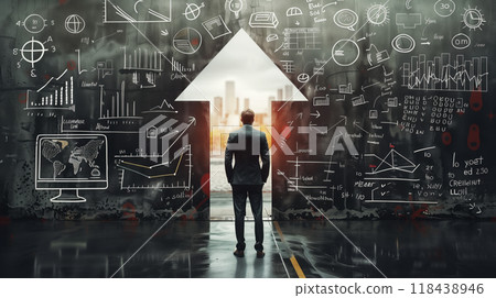 A businessman against black wall with an arrow path 118438946