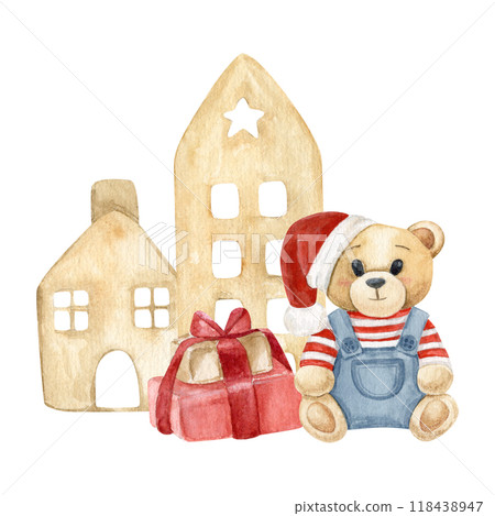 Watercolor composition with houses, a teddy bear and gift boxes, xmas, hand draw Watercolor composition with houses, a teddy bear and gift boxes, xmas, hand draw 118438947