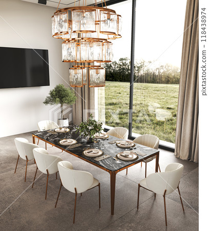 Elegant and stylish modern dining room with stunning scenic views and cozy ambiance, 3d rendering 118438974