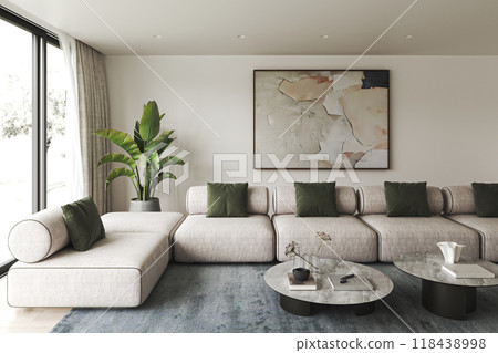 Modern minimalist living room that features a comfortable sofa and beautiful artwork, 3d rendering Modern minimalist living room that features a comfortable sofa and beautiful artwork, 3d rendering 118438998