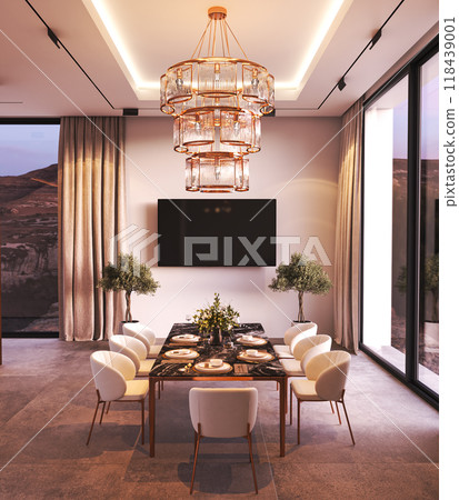Elegant and modern dining room featuring a beautiful chandelier and scenic view, 3d rendering 118439001