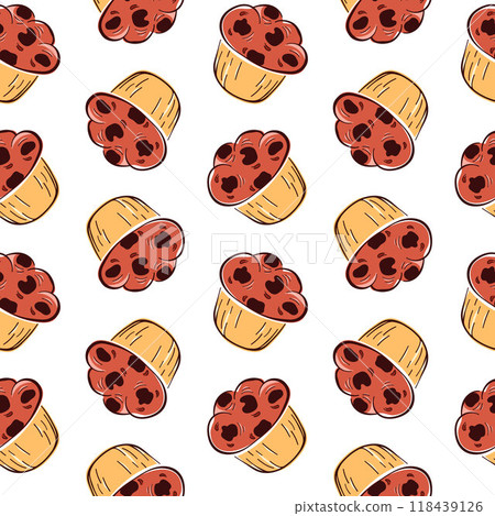 Seamless pattern muffin with chocolate chip in cartoon style. Design on a white background for bakery, packaging or breakfast cafe. Seamless pattern muffin with chocolate chip in cartoon style. Design on a white background for bakery, packaging or breakfast cafe. 118439126
