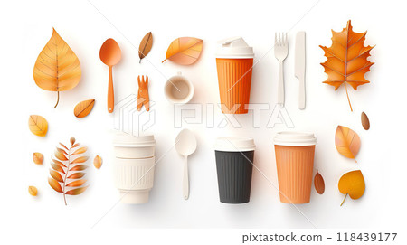 Autumn Coffee Cups and Utensils Flat Lay Autumn Coffee Cups and Utensils Flat Lay 118439177