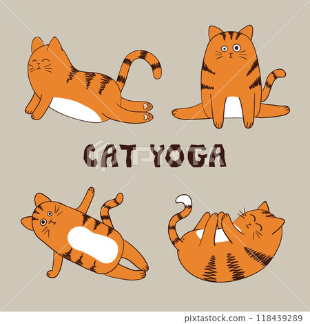 Cartoon funny yoga cat vector illustration. Yoga set for kids Cartoon funny yoga cat vector illustration. Yoga set for kids 118439289