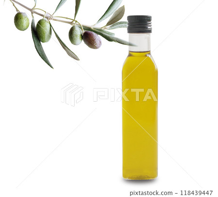 橄欖果與葉 橄欖油無標籤 玻璃瓶 118439447