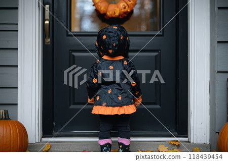 A small child wearing a black and orange Halloween costume stands in front of a dark front door with a pumpkin wreath, ready for trick-or-treating 118439454