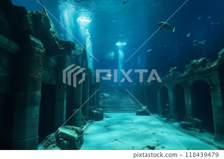Ancient underwater ruins with stone columns and steps, illuminated by sunbeams penetrating the blue ocean depths, creating a mystical underwater cityscape 118439479