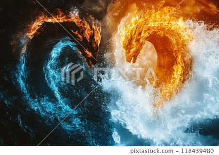 Two mythical dragon creatures, one made of blue ice and the other of orange flames, locked in an epic clash amidst swirling water and steam 118439480