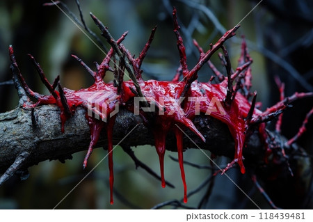 Close-up of a tree branch covered in vibrant red sap or resin, creating a dramatic and slightly eerie natural scene with dripping red liquid 118439481