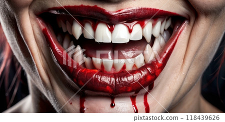 A chilling vampire smile revealing blood a spooky Halloween closeup capture 118439626