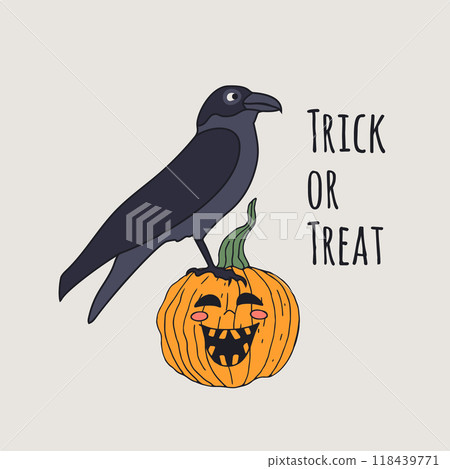 Card or poster with cute Halloween witchy crow sitting on top of jack-o-lantern Card or poster with cute Halloween witchy crow sitting on top of jack-o-lantern 118439771