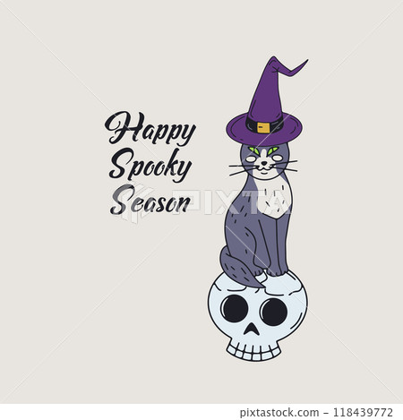 Card or poster with cute Halloween witchy black cat sitting on top of skull Card or poster with cute Halloween witchy black cat sitting on top of skull 118439772