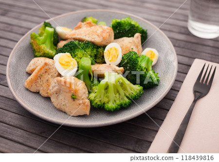 Chicken breast with broccoli and quail eggs on plate for healthy dinner Chicken breast with broccoli and quail eggs on plate for healthy dinner 118439816