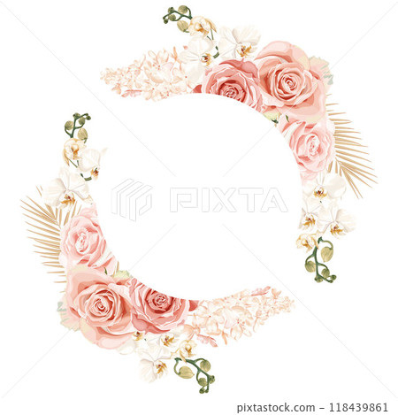 A wedding vector frame with flowers pink roses, white orchids, and delicate hydrangeas. 118439861