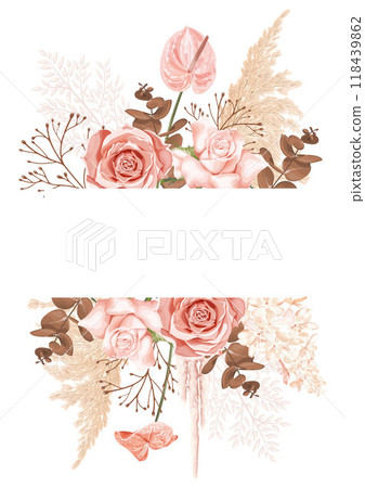 A wedding vector frame with flowers pink roses, anthurium, delicate hydrangeas, dried eucalyptus and reed. 118439862