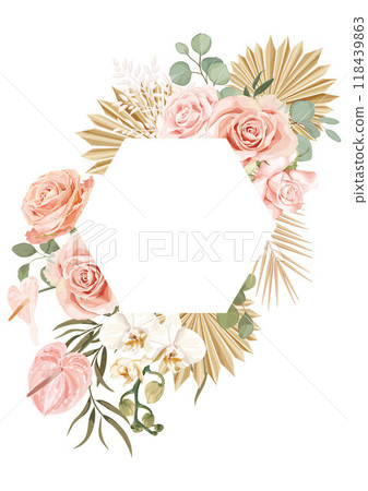 A wedding vector frame in boho style with flowers pink roses, white orchids, dried palm leaves, and branches. 118439863