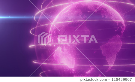 A digital representation of purple Earth with glowing lines encircling the planet, highlighting global connectivity and technology 118439907