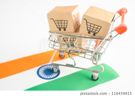 India flag with box shopping online cart logo. Import export shopping online. India flag with box shopping online cart logo. Import export shopping online. 118439915