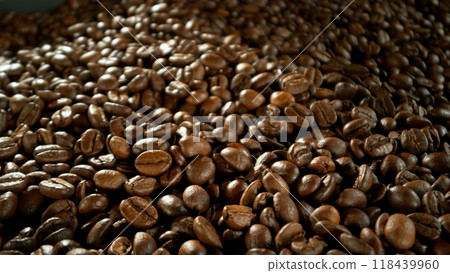 Freeze Motion of Whole Roasted Coffee Beans in Roastery Mill , Filmed on High Speed Cinematic Camera at 1000 FPS 118439960
