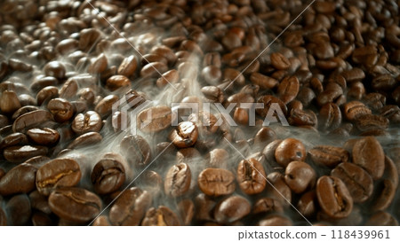 Freeze Motion of Whole Roasted Coffee Beans in Roastery Mill , Filmed on High Speed Cinematic Camera at 1000 FPS 118439961