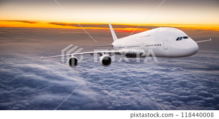 Passengers commercial airplane flying above clouds in sunset light. Concept of fast travel, holidays and business. 118440008