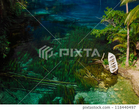 Most scenic lake with transparent blue freshwater in Indonesia. Drone view 118440497