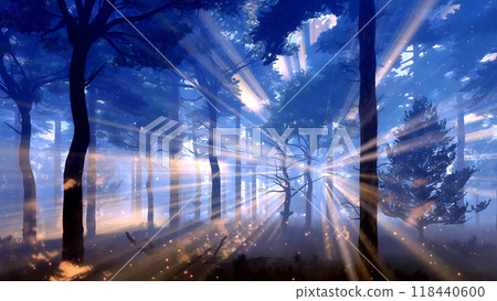 Dreamlike woodland landscape with supernatural fairy firefly lights soaring in sun rays in magic misty forest at scenic sunset before dark night. With no people fantasy illustration from my 3D render. Dreamlike woodland landscape with supernatural fairy firefly lights soaring in sun rays in magic misty forest at scenic sunset before dark night. With no people fantasy illustration from my 3D render. 118440600