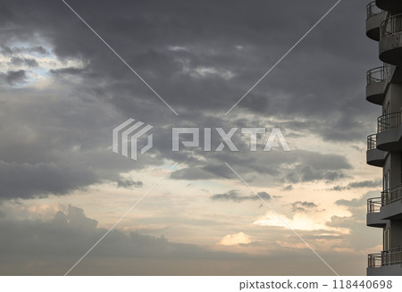 Balconies of high residential building with cloud and before sunset sky. 118440698