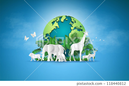 Wildlife Safari Scene in Paper Cut Art 118440812