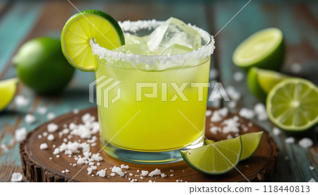 Classic margarita cocktail with lime and salt on rustic background 118440813