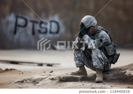 sad soldier and inscription PTSD on the wall, PTSD for post-traumatic stress disorder 118440838