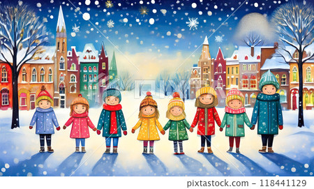 白雪皚皚的城市景觀和孩子們 118441129