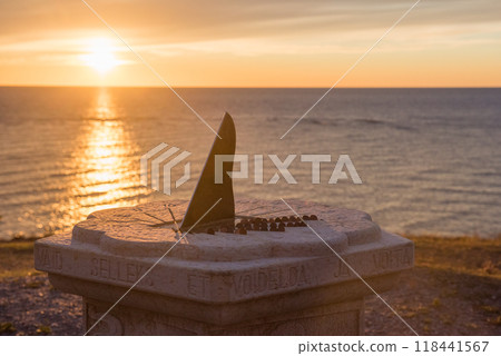 Old Sundial on Panga Cliff, Saaremaa, Estonia. Panga cliff. World Sundial Day 118441567