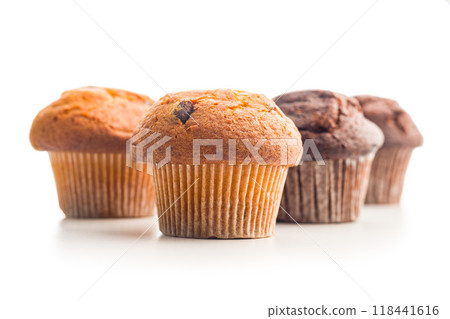 Sweet muffin cakes isolated on white background. Sweet muffin cakes isolated on white background. 118441616