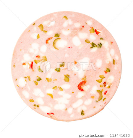 Slices of Sausage Mortadella isolated on white background. 118441623