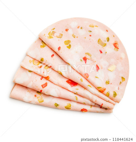 Slices of Sausage Mortadella isolated on white background. 118441624