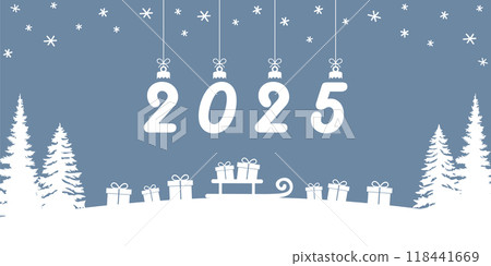christmas greeting card 2025 with gifts in winter landscape vector illustration 118441669