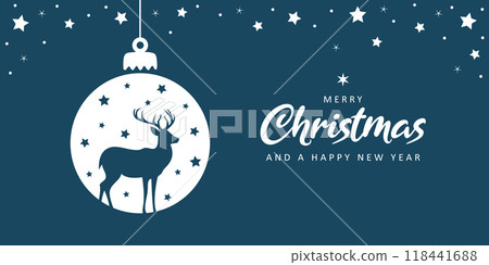 blue christmas greeting card with hanging ball decoration with deer vector illustration 118441688