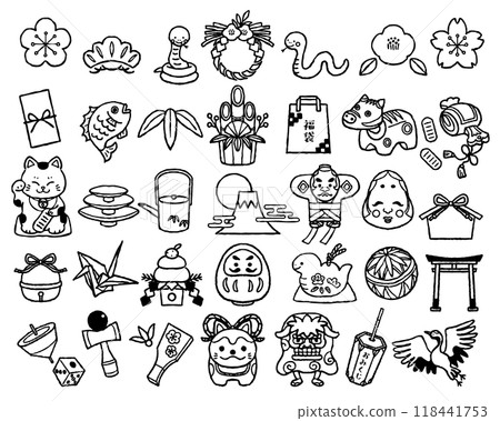 Japanese New Year illustration icon set, hand-drawn black and white line drawings (Year of the Snake) Japanese New Year illustration icon set, hand-drawn black and white line drawings (Year of the Snake) 118441753