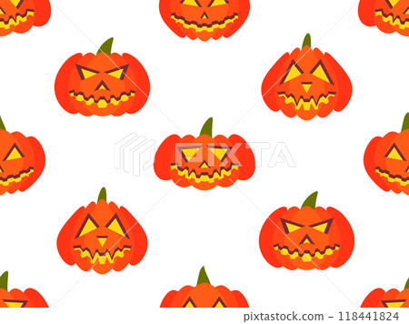 Halloween pumpkins seamless pattern. Halloween carved pumpkin face. Happy Halloween October 31st, trick or treat. Jack-o-lantern. Design for print, posters and banners. Vector illustration Halloween pumpkins seamless pattern. Halloween carved pumpkin face. Happy Halloween October 31st, trick or treat. Jack-o-lantern. Design for print, posters and banners. Vector illustration 118441824