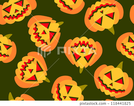 Halloween pumpkins seamless pattern. Halloween carved pumpkin face. Happy Halloween October 31st, trick or treat. Jack-o-lantern. Design for print, posters and banners. Vector illustration Halloween pumpkins seamless pattern. Halloween carved pumpkin face. Happy Halloween October 31st, trick or treat. Jack-o-lantern. Design for print, posters and banners. Vector illustration 118441825