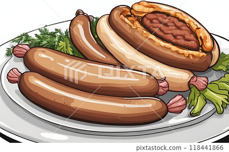 Illustration cartoon of delicious Bratwurst sausages showcases their juicy, grilled perfection with vibrant colors and playful details, emphasizing their mouthwatering appeal. AI Generated 118441866
