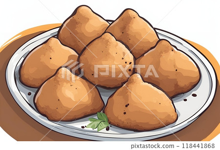 Illustration cartoon of Brazilian Coxinha shows a popular Brazilian snack teardrop-shaped, dough-covered croquettes filled with shredded chicken, battered and fried to crispy perfection. AI Generated 118441868