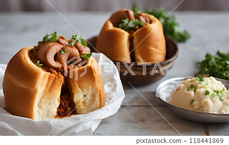 Bunny Chow is a flavorful South African dish featuring a hollowed-out loaf of bread filled with spicy curry, offering a unique and satisfying fusion of textures and flavors. AI Generated 118441869