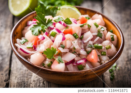 Ceviche fish salad features fresh raw fish marinated in zesty citrus juices mixed with crisp vegetables like onions and tomatoes and garnished with cilantro for a vibrant flavorful dish. AI Generated 118441871