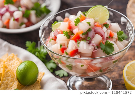 Ceviche is a refreshing Latin American dish made from raw fish or seafood marinated in citrus juices mixed with onions, tomatoes, cilantro and spices for a vibrant tangy flavor. AI Generated 118441872