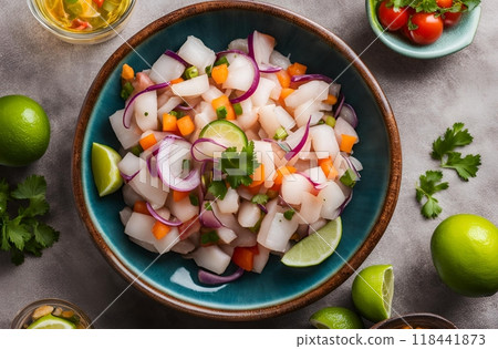Ceviche fish or shellfish is a delicious refreshing dish featuring ocean fresh seafood marinated in tangy citrus juices combined with vibrant vegetables for a bright flavorful experience. AI Generated 118441873