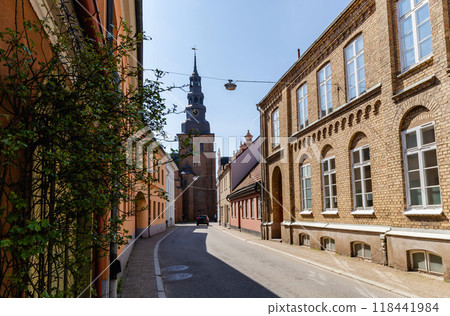 Narrow streets of the old town with colorful houses. Narrow streets of the old town with colorful houses. 118441984